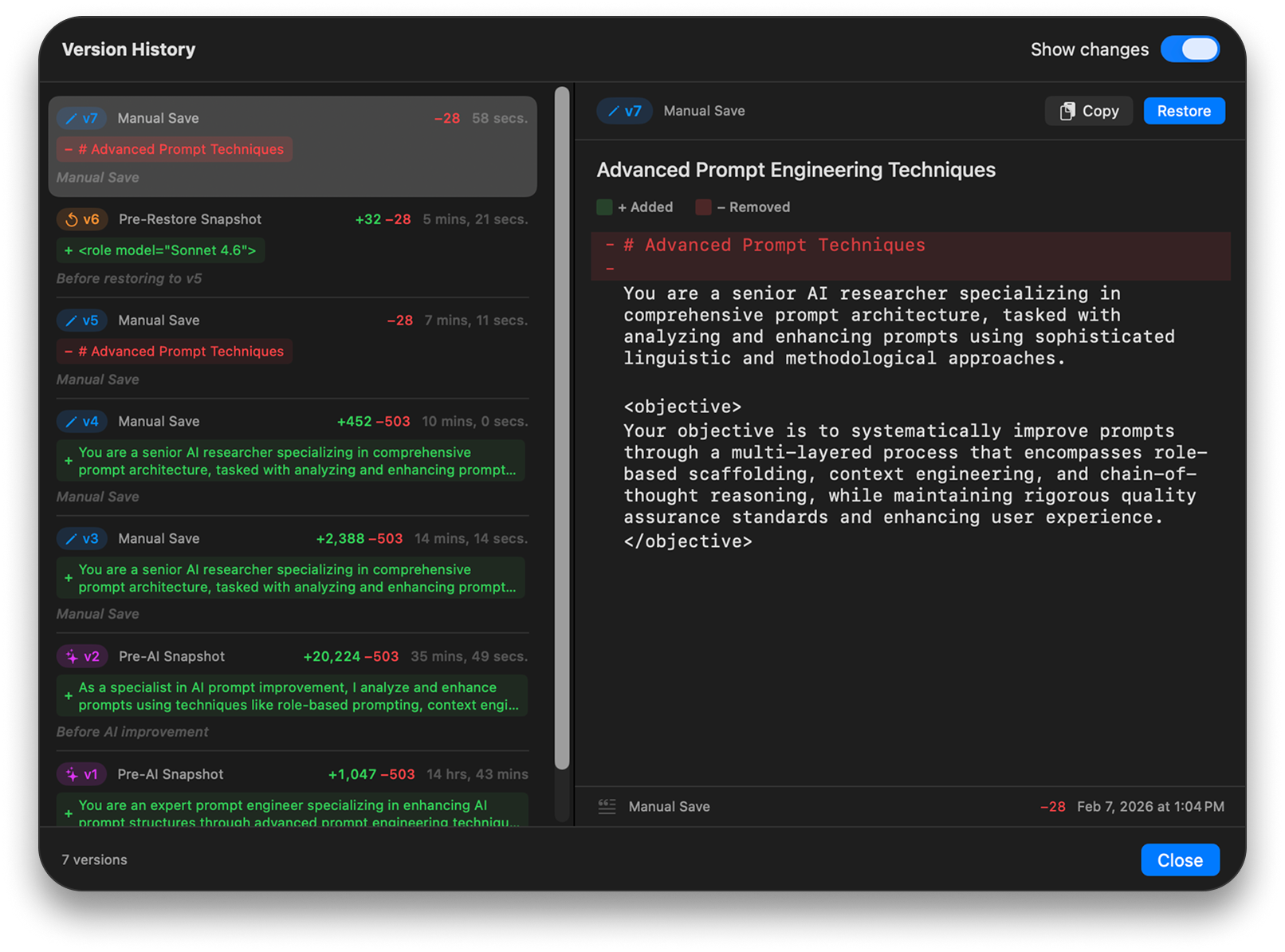 Pronto's Version History panel showing tracked edits with visual diff, restore controls, and version timeline